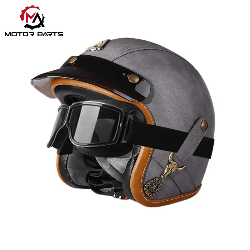 Casco moto mezza faccia in pelle con occhiali